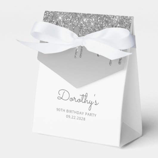 90誕生日シルバーエレガントグリッタードリップスクリプト フェイバーボックス (正面サイド)