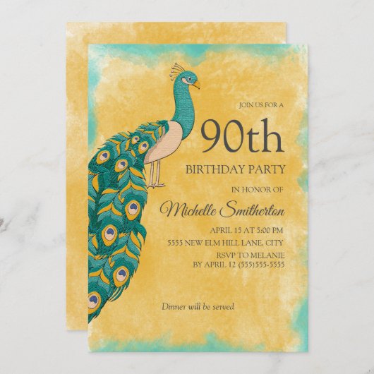90誕生日ティール（緑がかった色）イエローウォーターカラーピーコック 招待状 (正面/裏面)