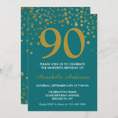 90誕生日ティール(緑がかった色)金ゴールドスパークルエレガント紙吹雪 招待状 (正面/裏面)
