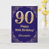 90誕生日ネイビーブルーと金ゴールドグリッターフレーム カード (黄色い花)