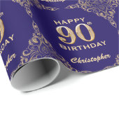 90誕生日ネイビーブルーと金ゴールドグリッターフレーム ラッピングペーパー (ロールコーナー)