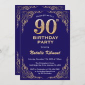 90誕生日ネイビーブルーと金ゴールドグリッターフレーム 招待状 (正面/裏面)