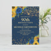 90誕生日ネイビーブルーイエローサンフラワーズ金ゴールド 招待状 (スタンド正面)