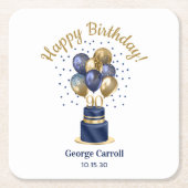 90誕生日ネイビーブルーバルーンケーキ スクエアペーパーコースター (正面)