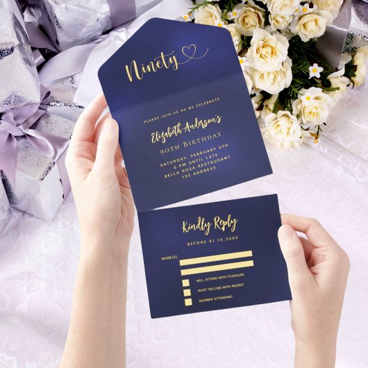 90誕生日ネイビー青金ゴールドrsvp オールインワン招待状
