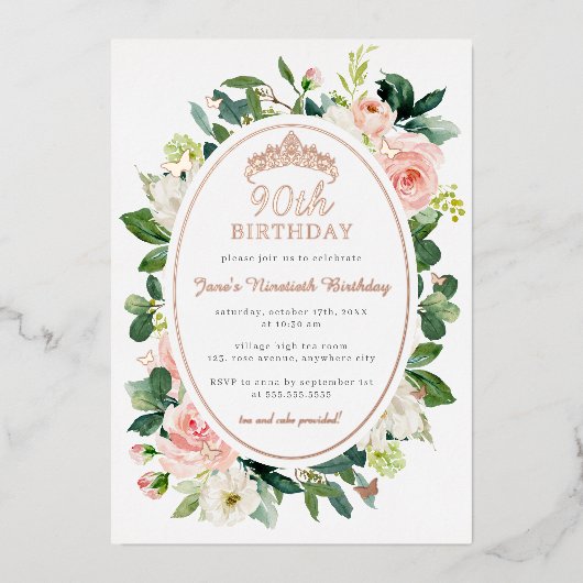 90誕生日バラ金ゴールドピンクバタフライフローラ 箔招待状 (正面)