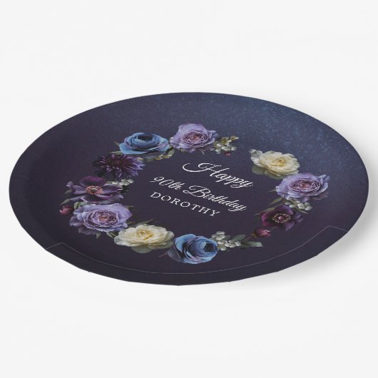 90誕生日パーソナライズされたムーディパープル花 ペーパープレート (アングル)