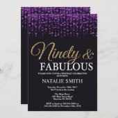 90誕生日パープルと金ゴールドグリッター 招待状 (正面/裏面)