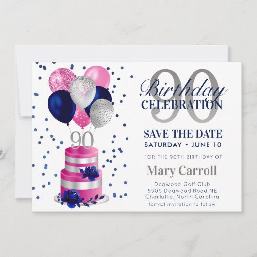90誕生日ピンクケーキ日付を保存招待状 招待状 (正面)