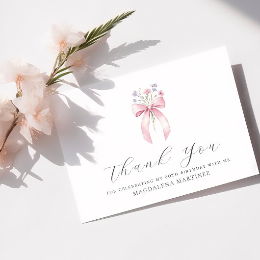 90誕生日ピンクボウワイルドフラワーカスタムフラット サンキューカード