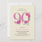 90誕生日ピンク牡丹フローラ番号90 招待状 (正面)