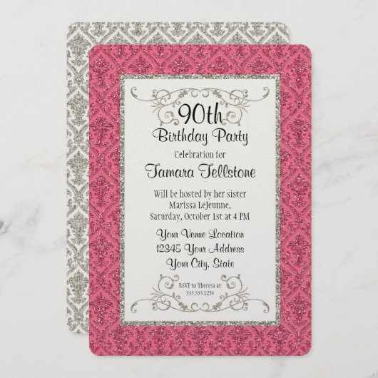 90誕生日フェイク金ゴールドグリッターダマスクパターン 招待状 (正面/裏面)