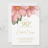 90誕生日フォトピンクエレガントフローラ誕生日 招待状 (正面)