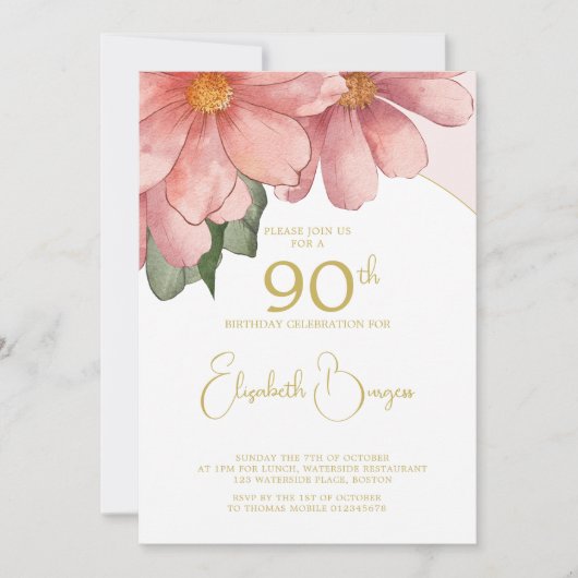 90誕生日フォトピンクエレガントフローラ誕生日 招待状 (正面)