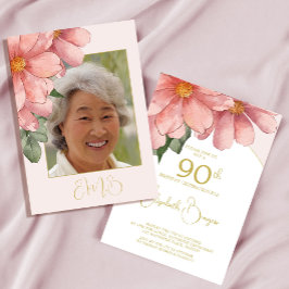 90誕生日フォトピンクフローラエレガント誕生日 招待状