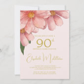 90誕生日フォト赤面ピンク金ゴールド水色 招待状 (正面)