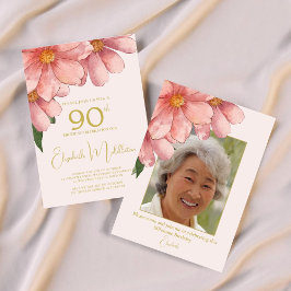 90誕生日フォト赤面ピンク金ゴールド水色 招待状