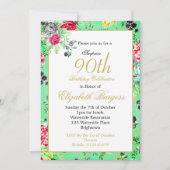 90誕生日フローラバラ金ゴールドモノグラム誕生日 招待状 (正面)