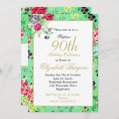 90誕生日フローラバラ金ゴールドモノグラム誕生日 招待状 (正面/裏面)