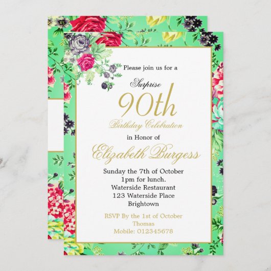 90誕生日フローラバラ金ゴールドモノグラム誕生日 招待状 (正面/裏面)