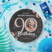 90誕生日フローラピンクグレーカスタム写真 ペーパープレート (パーティー)