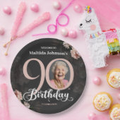 90誕生日フローラピンクグレーカスタム写真 ペーパープレート (パーティー)