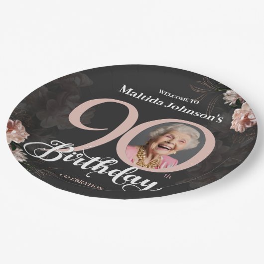 90誕生日フローラピンクグレーカスタム写真 ペーパープレート (アングル)