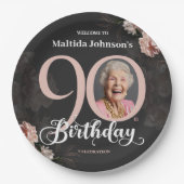 90誕生日フローラピンクグレーカスタム写真 ペーパープレート (正面)