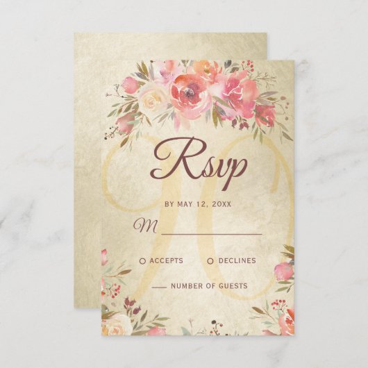 90誕生日フローラピンクローゼス金ゴールドきらめく 出欠カード (正面/裏面)