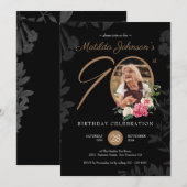 90誕生日フローラブラック金ゴールド植物学カスタム校 招待状 (正面/裏面)