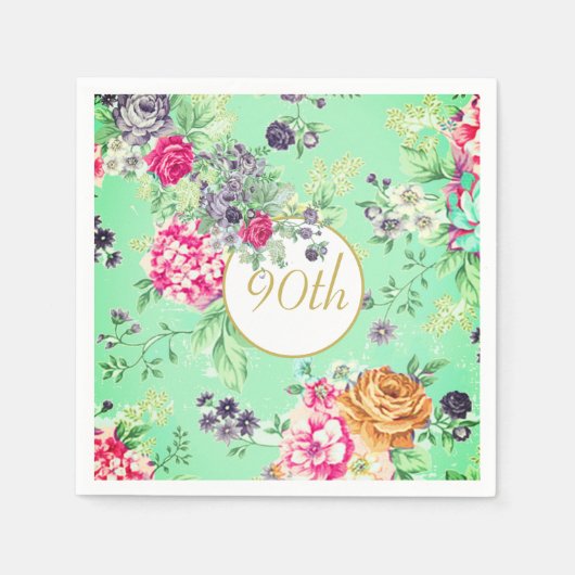 90誕生日フローラ誕生日グリーン金ゴールド スタンダードカクテルナプキン (正面)