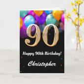 90誕生日ブラックと金ゴールドの吹きカラフル出 カード (黄色い花)