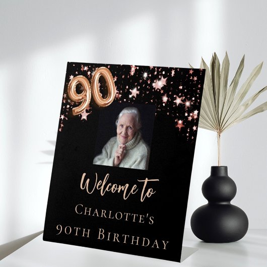 90誕生日ブラックバラ金ゴールドフォトスター歓迎 台座サイン