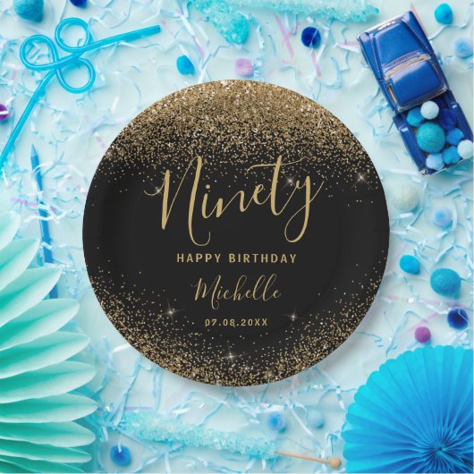 90誕生日ブラック金ゴールドグリッタースパーク名 ペーパープレート (パーティー)