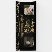 90誕生日ブラック金ゴールドストリングライトレトロ写真 横断幕 (縦)