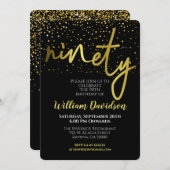 90誕生日ブラック金ゴールドタイポグラフィ 招待状 (正面/裏面)