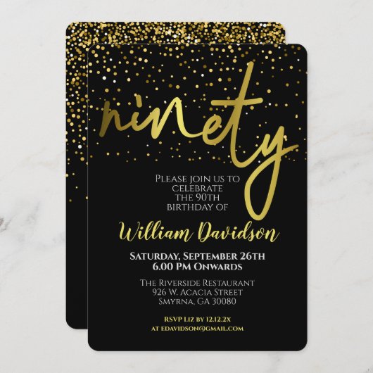 90誕生日ブラック金ゴールドタイポグラフィ 招待状 (正面/裏面)