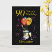 90誕生日ブラック金ゴールドワきらめくイン カード (黄色い花)