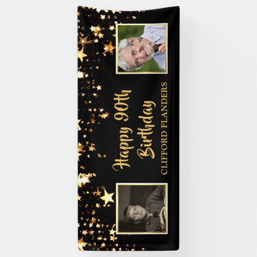 90誕生日ブラック金ゴールド星写真パーソナライズされた 横断幕 (縦)