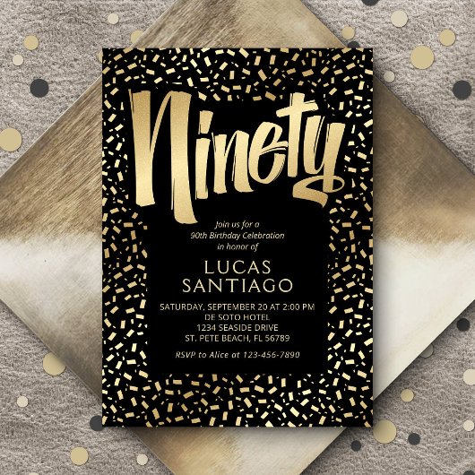 90誕生日ブラック金ゴールド紙吹雪 招待状