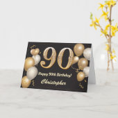 90誕生日ブラック&金ゴールドバルーン誕生日 カード (黄色い花)