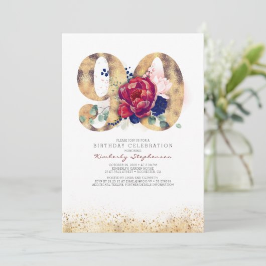 90誕生日ブルゴーニュ赤とネイビーブルー 招待状 (スタンド正面)