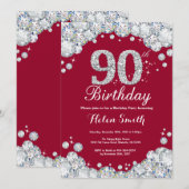 90誕生日ブルゴーニュ赤と銀ダイヤモンド 招待状 (正面/裏面)