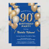 90誕生日ブルーと金ゴールドグリッターバルーン 招待状 (正面/裏面)