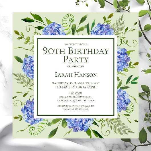90誕生日ブルーアジサイフローラ水彩 招待状