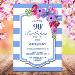 90誕生日ブルーストライプのフローラパーティー 招待状<br><div class="desc">ブルーストライプのフローラ90th誕生日パーティーの招待状。</div>