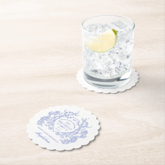 90誕生日ブルーフランスのフローラクレストカスタム ペーパーコースター (インサイチュ)