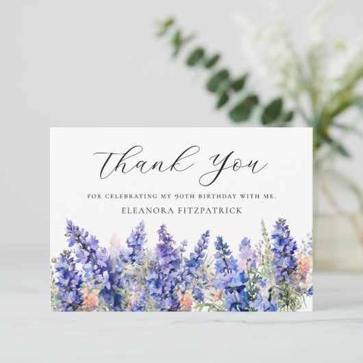 90誕生日ブルー7月誕生フラワーカスタムフラット サンキューカード (スタンド正面)