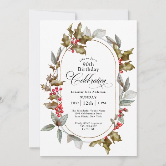 90誕生日ホリーベリーウィンター誕生日 招待状 (正面)