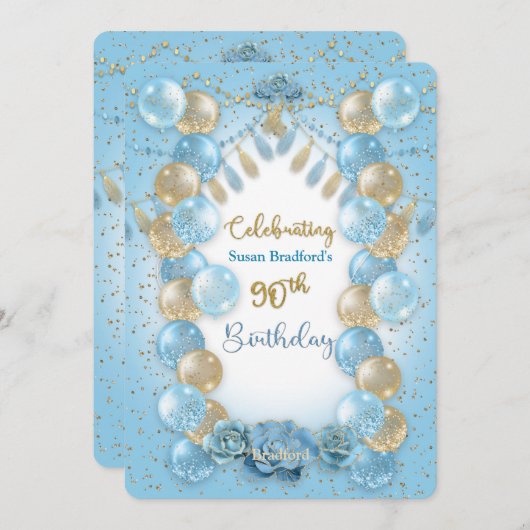 90誕生日レディースブルー金ゴールドバルーンデザイン 招待状 (正面/裏面)